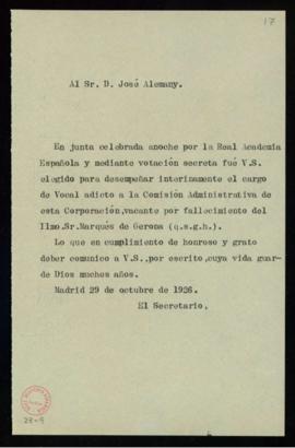 Minuta del oficio del secretario [Emilio Cotarelo] a José Alemany [y Bolufer] en la que le comuni...
