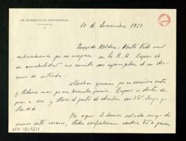 Carta del marqués de Hermosilla a Melchor Fernández Almagro en la que le felicita por su ingreso ...