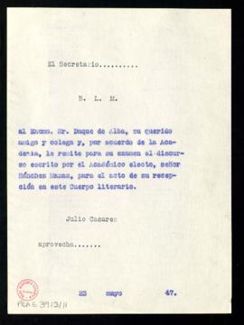 Copia sin firma del besalamano de Julio Casares, secretario, al duque de Alba con la que le envía...