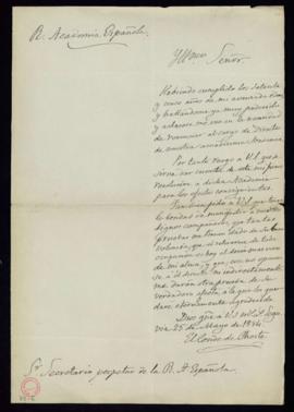 Carta del conde de Cheste al secretario [Manuel Tamayo y Baus] por la que renuncia al cargo de di...