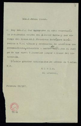 Minuta de la carta del oficial [Lorenzo García Hughes] a Bruno Ibeas con la que le remite, por en...