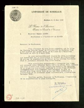 Carta del rector de la Academia y presidente del Consejo de la Universidad de Burdeos a Dámaso Al...