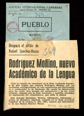 Recorte del diario Pueblo con la noticia titulada Rodríguez-Moñino, nuevo Académico de la Lengua