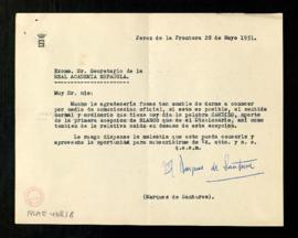 Carta del marqués de Santurce al secretario con la petición de que la Academia le proporcione ofi...