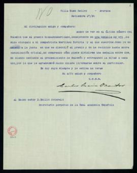 Carta de Carlos María Ocantos a Emilio Cotarelo en la que le pide explicaciones sobre la concesió...