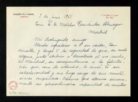 Carta de Joaquín Pla Cargol a Melchor Fernández Almagro en la que acusa recibo de la suya y manif...