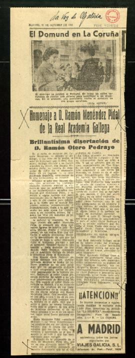 Recorte de La Voz de Galicia con el artículo Homenaje a D. Ramón Menéndez Pidal de la Real Academ...
