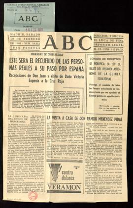 Recorte del diario ABC con la crónica La visita a casa de don Ramón Menéndez Pidal, por Luis Marí...