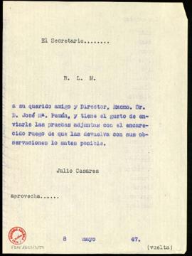 Copia del besalamano de Julio Casares a José María Pemán con el que le envía unas pruebas para qu...