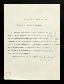 Minuta de la carta al duque de Maura que acompaña el oficio con su designación como representante...