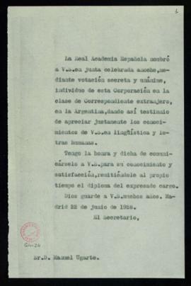 Copia del oficio del secretario a Manuel Ugarte de traslado de su elección y envío del diploma de...