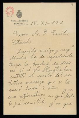 Carta de José Rodríguez Carracido a Emilio Cotarelo en la que se interesa por la fecha en la que ...