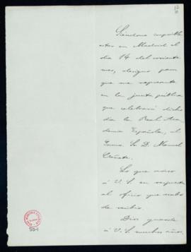 Carta de Adolfo Llanos Alcaraz a Manuel Tamayo y Baus en la que le indica que, al serle imposible...