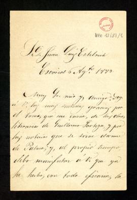 Carta de Gaspar Núñez de Arce a Juan Estelrich en la que le agradece el envío de las obras litera...