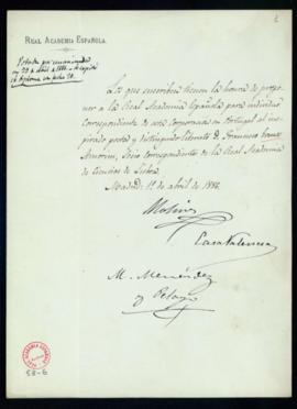 Propuesta firmada por el marqués de Molins, el conde de Casa Valencia y Marcelino Menéndez y Pela...