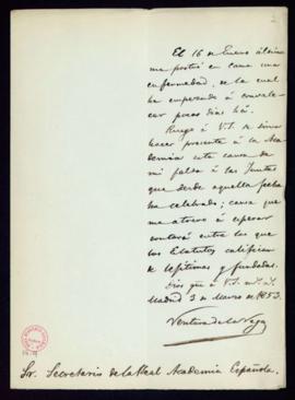 Carta de Ventura de la Vega al secretario [Manuel Bretón de los Herreros] en la que excusa su asi...