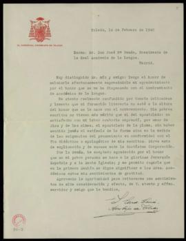 Carta de Isidro Gomá, arzobispo de Toledo, a José María Pemán, director, en la que expresa su agr...