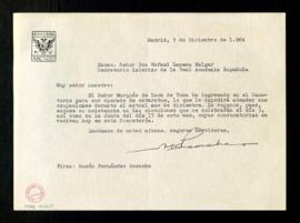 Carta de Ramón Fernández Escacha a Rafael Lapesa, secretario interino, en la que le informa de qu...