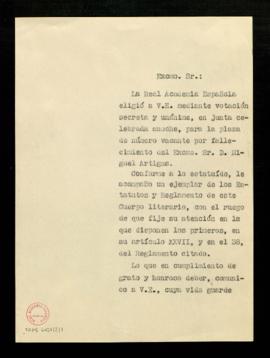 Copia sin firma del oficio del secretario al duque de la Torre, Carlos Martínez de Campos y Serra...