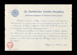 Tarjeta de invitación de la Institución Fernán González al homenaje a Ramón Menéndez Pidal a cele...