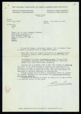 Carta de C. F. Adolf van Dam a Julio Casares en la que ofrece una autoridad de alborote
