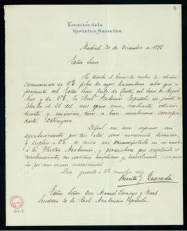 Carta de Vicente Quesada a Manuel Tamayo y Baus en la que acusa recibo de la comunicación de su e...