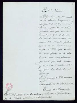 Carta de Eduardo de Hinojosa al secretario, Mariano Catalina, de agradecimiento a la Academia por...