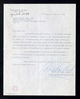 Carta de pésame de Carlos Restrepo Canal, cónsul de Colombia en Sevilla y miembro correspondiente...