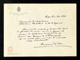 Carta de Eugenio d'Ors a Julio Casares, secretario, en la que da su aprobación al discurso de con...