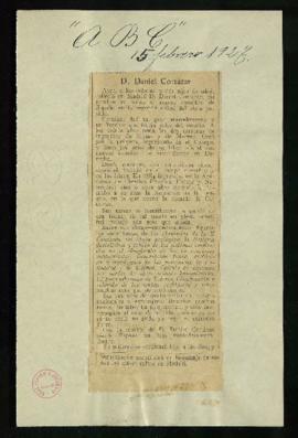 Recorte del diario ABC de 15 de febrero de 1927, con la noticia del fallecimiento de Daniel de Co...