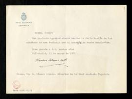 Carta de Narciso Alonso Cortés a Dámaso Alonso, director de la Real Academia Española, con el agr...