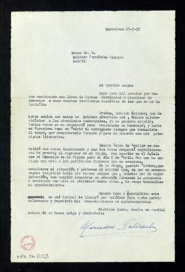 Carta de Mercedes Salisachs a Melchor Fernández Almagro en la que le agradece que haya encabezado...