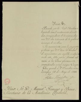 Carta de Antonio Hernández y Fajarnés al secretario, Manuel Tamayo y Baus, de agradecimiento a la...