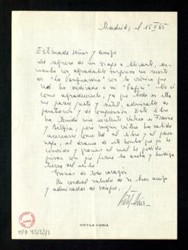 Carta de Vintilă Horia a Melchor Fernández Almagro en la que le agradece la crítica que ha dedica...