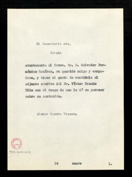Copia del saluda del secretario, Alonso Zamora Vicente, a Salvador Fernández Ramírez, en el que l...
