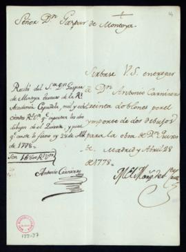 Orden de Manuel de Lardizábal del pago a Joaquín Ballester de 2400 reales de vellón por una lámin...