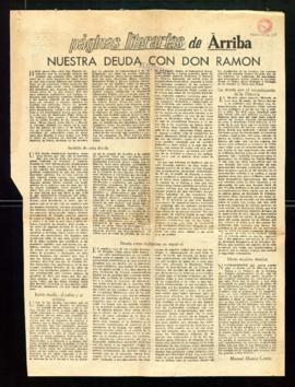 Recorte de Páginas literarias del diario Arriba dedicadas a Ramón Menéndez Pidal por su noventa c...