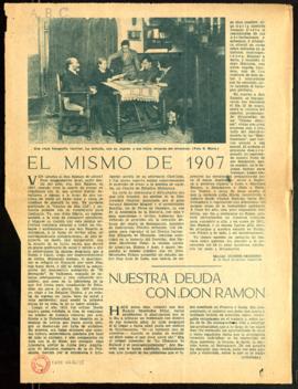 Recorte del diario ABC con los artículos El mismo de 1907, por Manuel Gómez-Moreno, Nuestra deuda...