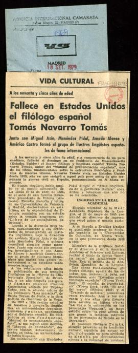 Vida cultural. Fallece en Estados Unidos el filólogo español Tomás Navarro Tomás