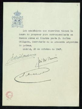 Propuesta de Carlos Obligado como académico correspondiente en Buenos Aires