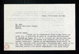 Carta de José Castillo-Navarro a Melchor Fernández Almagro en la que pregunta si ha aparecido la ...