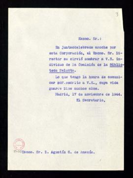Copia sin firma del oficio del secretario a Agustín G. de Amezúa de traslado de su nombramiento c...