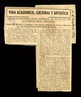 Recorte del diario ABC con la crónica titulada Don Julio Palacios toma posesión de su plaza de ac...