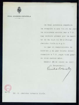 Copia del oficio de pésame del secretario, Emilio Cotarelo, a Jacinto Octavio Picón por el fallec...