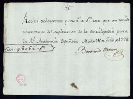 Recibo de Bernardo Iriarte de 806 reales de vellón del coste que han tenido cinco tomos del suple...