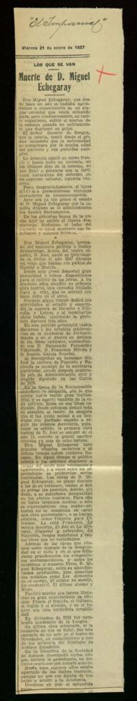 Recorte del diario El Imparcial de 21 de enero de 1927, con la noticia del fallecimiento de Migue...