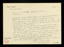 Carta de Mariano D. Berrueta, cronista de la provincia de León, a Melchor Fernández Almagro en la...