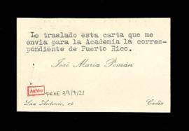 Tarjeta de visita de José María Pemán con la que le envía una carta recibida de la Academia corre...