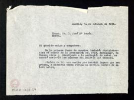 Copia sin firma de la carta de Julio Casares a José María Pemán en la que le comunica que la Comi...