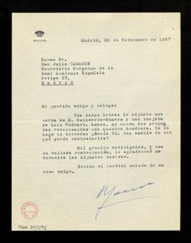 Carta de Gabriel Maura a Julio Casares en la que le pregunta qué puede contestar a la carta de Em...